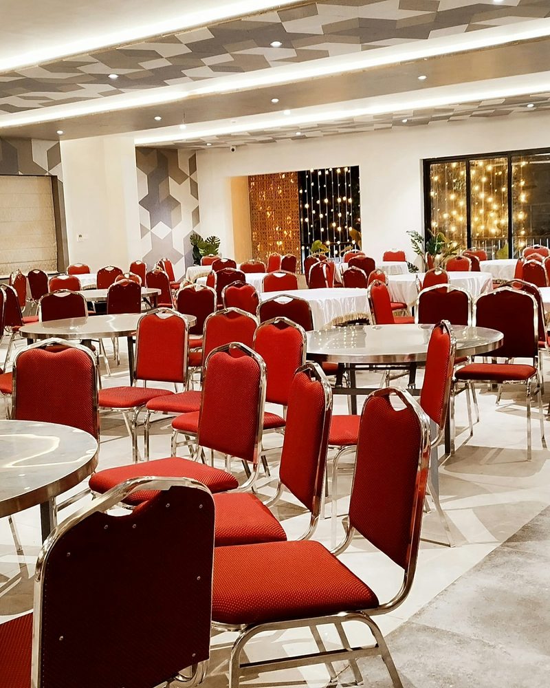 Banquet hall set for an evening event