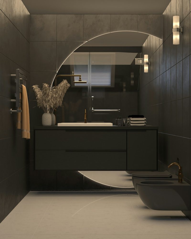 Detail of premium washroom fixtures on a stone basin
