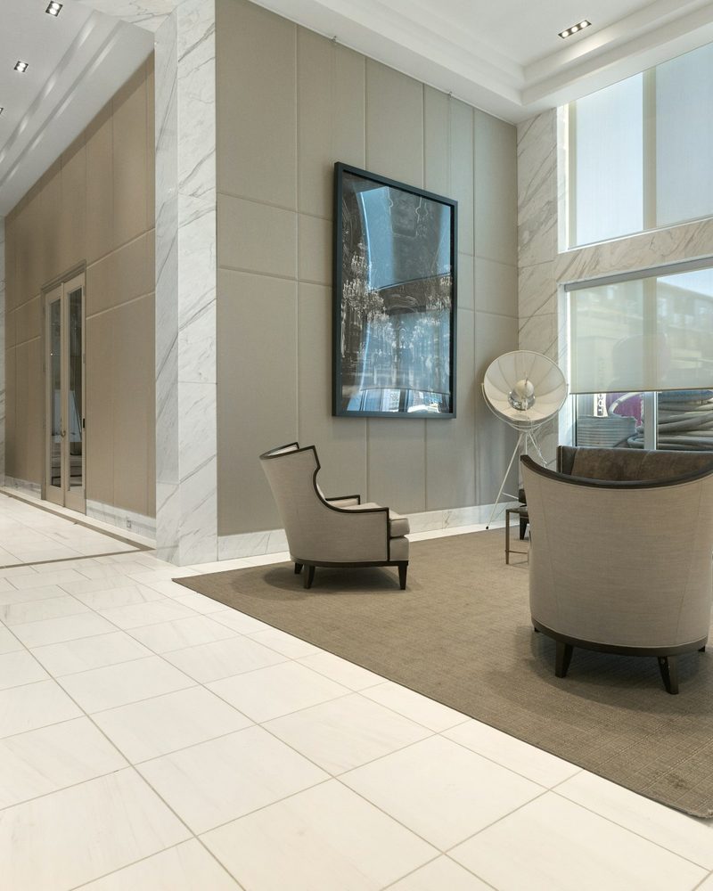 Hotel lobby with natural stone feature wall