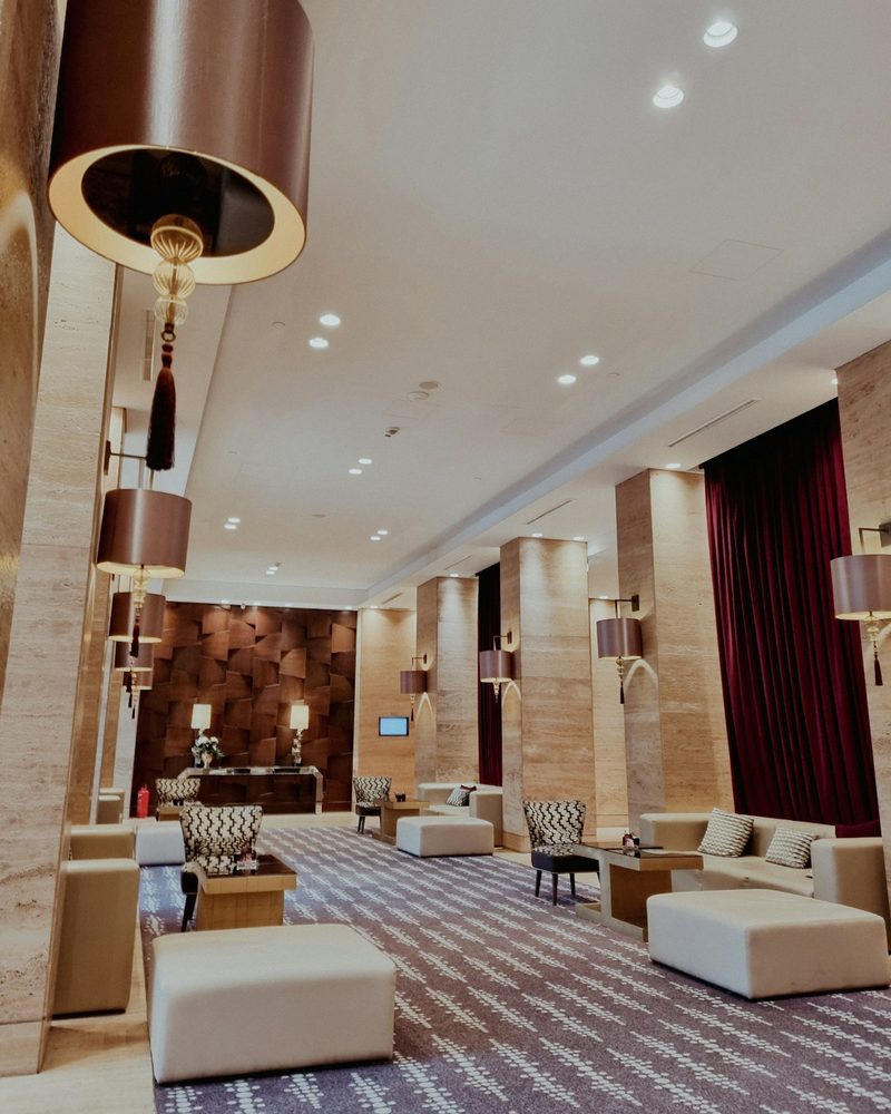 Modern hotel suite with layered textures