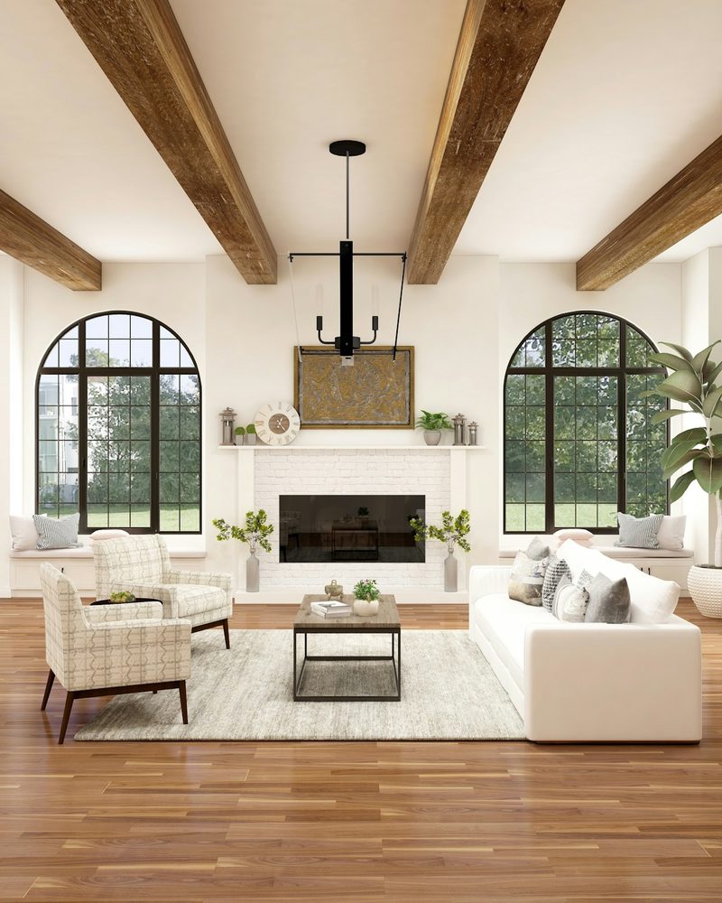 Warm wood-look LVT plank flooring in a farmhouse-style great room