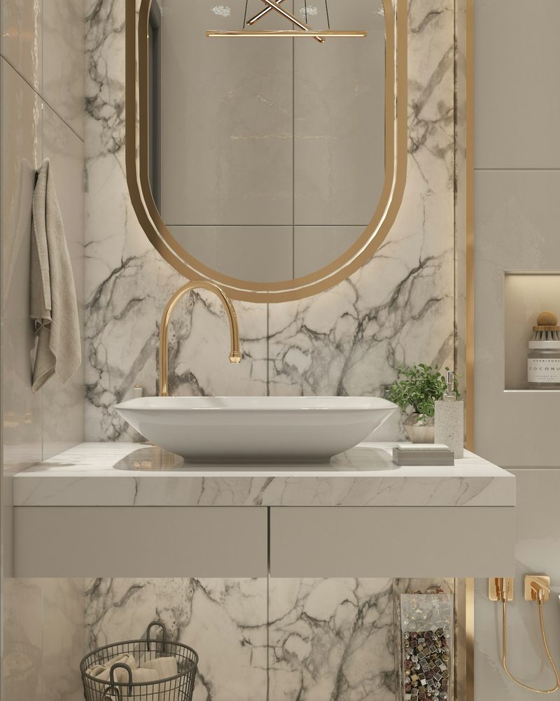 Contemporary washroom with matte black fixtures and stone counter